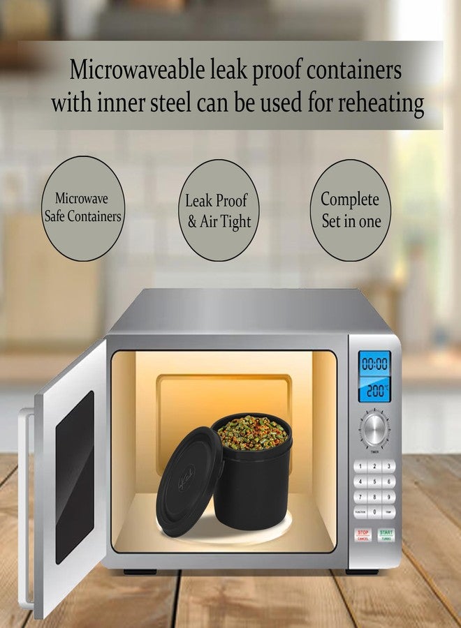 inKitch Microwave Safe Lunch Box Set with Bag | 3 Stainless Steel Inner Containers & 1 Steel Bottle | Leakproof Tiffin Box for Office, School, College | Durable, Easy to Carry, Black - Image 3